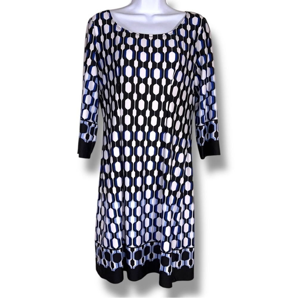 Small AB Studio Blue White Black Dot Print Dress Stretch Event Party Long Sleeve
